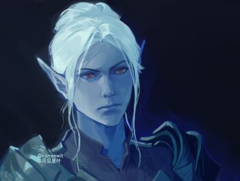 1girl absurdres armor baldur's_gate baldur's_gate_3 black_background closed_mouth colored_skin commentary dark_elf dungeons_&amp;_dragons dungeons_&amp;_dragons elf english_commentary grey_skin hair_bun highres kanaewit minthara neck_tattoo pauldrons pointy_ears red_eyes short_hair shoulder_armor single_hair_bun solo tattoo twitter_username upper_body white_hair