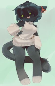 1girl animal_ears animal_feet black_fur black_hair cat_ears cat_girl cat_tail colored_sclera detached_sleeves fang full_body furry furry_female green_sclera hand_on_own_hip hand_on_own_leg highres open_mouth original ribbon rin_(desideriumheart) second-party_source short_hair simple_background solo tail wamudraws