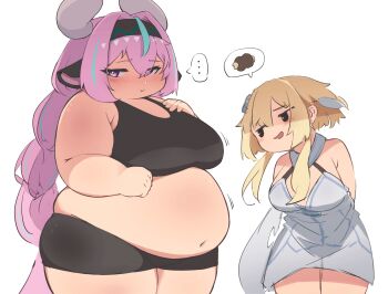 ... 2girls animal_ears aqua_hair arms_behind_back belly big_belly blonde_hair blush braid breasts dress fat fat_woman genshin_impact gym_shorts hair_ornament hairband highres horns large_breasts long_hair lumine_(genshin_impact) multicolored_hair multiple_girls nantekottai25 navel obese pink_eyes pink_hair pout short_shorts shorts sidelocks spoken_ellipsis sports_bra standing teasing thick_arms twin_braids varesa_(genshin_impact) very_long_hair weight_conscious white_background white_dress