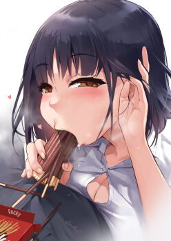 1girl black_hair blush breasts brown_hair button_gap cleavage commentary dress_shirt drooling fellatio female_focus fingernails food food_in_mouth full_mouth gao_(gaolukchup) half-closed_eyes hand_up heart highres holding holding_food looking_at_viewer medium_breasts oral original pocky pocky_day saliva saliva_trail school_uniform sexually_suggestive shirt simulated_fellatio solo too_many_in_mouth tucking_hair upper_body white_background white_shirt