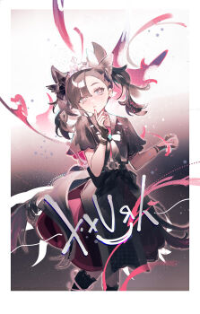 1girl asymmetrical_bangs belt belt_buckle black_background black_belt black_boots black_bow black_bowtie black_capelet black_gloves black_hair black_horns black_skirt blue_eyes blunt_bangs boots border bow bowtie buckle capelet chinese_commentary collared_capelet commentary_request cowboy_shot demon_horns eyelashes finger_to_mouth fingerless_gloves gloves gradient_background gradient_bow gradient_bowtie grey_pantyhose hair_bow heart heart-shaped_pupils highres holding holding_poke_ball horns knee_boots lace-trimmed_bow lace_trim light_blush long_hair marnie_(champion)_(pokemon) marnie_(pokemon) miniskirt mixed-language_commentary nail_polish nintendo pantyhose parted_lips pink_nails pink_shirt poke_ball pokemon pokemon_masters_ex satonishi shirt skirt solo symbol-shaped_pupils tiara twintails white_background white_border white_bow white_bowtie white_capelet white_headwear