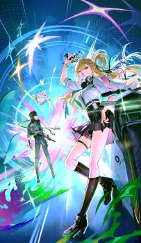 Rule 34 | 1boy, 1girl, abby (wuthering waves), absurdres, arm up, black hair, black jacket, black skirt, black socks, blonde hair, blowing bubble gum, breasts, chewing gum, commentary, earrings, english commentary, headphones, headphones around neck, highres, holding, id card, jacket, jewelry, long hair, looking at viewer, looking to the side, lynae (wuthering waves), male rover (wuthering waves), medium breasts, motor vehicle, motorcycle, purple eyes, rover (wuthering waves), shirt, skirt, socks, star (symbol), star earrings, white jacket, white shirt, wuthering waves, yuckpo (jerky 55)