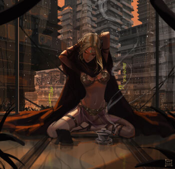 1girl arms_up artist_name avar_kriss blonde_hair breasts building circlet city cloak closed_eyes closed_mouth commentary english_commentary highres medium_breasts navel paid_reward_available skyscraper smoke solo star_wars star_wars:_the_high_republic tatti_art variant_set window