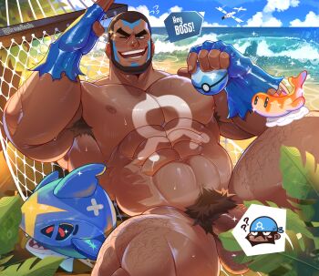 1boy abs absurdres archie_(pokemon) armpit_hair bara beach brown_hair buzz_cut censored commentary day drawreshi english_commentary facial_hair gen_3_pokemon highres holding holding_poke_ball large_pectorals leg_hair male_focus male_pubic_hair matt_(pokemon) muscular muscular_male nintendo nipples ocean one_eye_closed pectorals penis pointless_censoring poke_ball pokemon pokemon_oras pubic_hair sharpedo short_hair sky sparse_chest_hair speech_bubble spoken_character tatsugiri tatsugiri_(curly) testicles twitter_username very_short_hair wingull