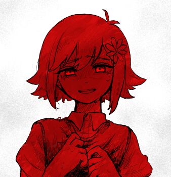 Rule 34 | 1boy, antenna hair, basil (faraway) (omori), basil (omori), collared shirt, commentary request, flower, hair flower, hair ornament, highres, looking at viewer, male focus, monochrome, nervous smile, nervous sweating, omori, open mouth, rami 1300, shirt, short hair, short sleeves, sidelocks, simple background, smile, solo, sweat, sweater vest, teeth, upper body, upper teeth only, white background