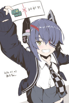 Rule 34 | 1girl, aged down, black jacket, checkered necktie, collared shirt, cowboy shot, dress shirt, eyepatch, grey skirt, headgear, jacket, kantai collection, necktie, otoshidama, purple hair, shirt, short hair, skirt, solo, taira yuuki, tenryuu (kancolle), white shirt, yellow eyes