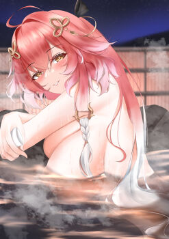 1girl absurdres ahoge black_bow blush bow braid breasts changli_(wuthering_waves) commentary completely_nude crossed_arms cup from_side hair_between_eyes hair_bow hair_extensions hair_ornament highres holding holding_cup large_breasts looking_at_viewer match_(scp115) multicolored_hair nipples nude onsen partially_submerged pink_hair ring_hair_extensions sakazuki smile solo two-tone_hair wet white_hair wuthering_waves