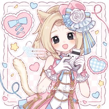 Rule 34 | 1girl, :d, animal ears, artist name, bare shoulders, black eyes, blonde hair, blue bow, blue bowtie, blush, border, bow, bowtie, camera, cat ears, cat girl, cat tail, checkered background, commentary, commission, dress, flower, glove bow, gloves, hashtag-only commentary, hat, hat bow, hat flower, highres, holding, holding camera, looking at viewer, mini hat, mini top hat, open mouth, original, outline, outside border, pink background, pink bow, pink dress, pink hat, rose, short hair, sleeveless, sleeveless dress, smile, solo, striped bow, tail, top hat, twitter username, upper body, watermark, white border, white flower, white gloves, white outline, white rose, yukomeow