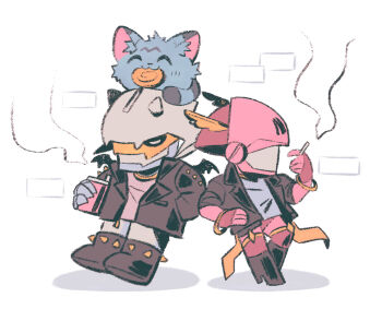 Rule 34 | black jacket, black wings, blue fur, body fur, chibi, cigarette, closed eyes, delinquent, digimon, digimon (creature), digipuri, dynasmon, full body, group picture, helmet, hiragana digimon royal knights monogatari, holding, holding cigarette, jacket, lordknightmon, on head, pink helmet, shirt, simple background, smoking, wanyamon, white background, white helmet, white shirt, wings
