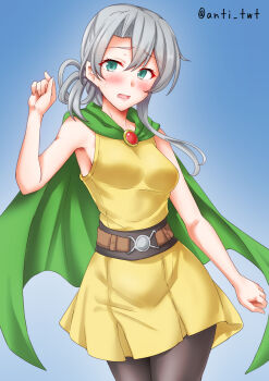 1girl anti_(untea9) asymmetrical_hair black_pantyhose blue_background cape commentary_request cosplay cowboy_shot dragon_quest dragon_quest_ii dress gradient_background green_cape green_eyes grey_hair highres kantai_collection nowaki_(kancolle) one-hour_drawing_challenge pantyhose princess_of_samantoria princess_of_samantoria_(cosplay) sleeveless sleeveless_dress solo twitter_username yellow_dress