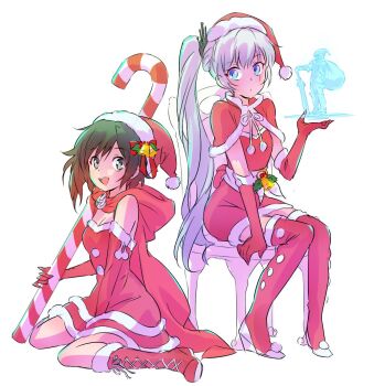 2girls alternate_costume blurry bokeh boots breasts chair christmas cleavage commentary depth_of_field full_body fur-trimmed_headwear fur_trim hat high_heel_boots high_heels hologram iesupa knight lace-up_boots multiple_girls on_chair pom_pom_(clothes) red_hat ruby_rose rwby santa_costume santa_hat scar scar_across_eye scar_on_face simple_background sitting summoning thighhighs weiss_schnee white_background