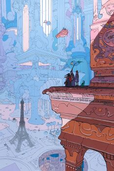 alternate_universe architecture building city eiffel_tower foliage french_text high_up highres long_sleeves machinery moebius original outdoors paris people plant robe scenery science_fiction standing tower tree water wide_shot