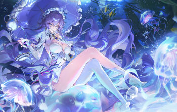 1girl :q absurdres asymmetrical_legwear blue_flower breasts cantarella_(wuthering_waves) commentary crossed_legs cup dress flower hair_flower hair_ornament headdress highres holding holding_cup holding_umbrella jellyfish large_breasts long_hair looking_at_viewer mark_under_eye parasol purple_hair purple_umbrella shrug_(clothing) single_thighhigh sitting smile solo teapot thighhighs tongue tongue_out umbrella uneven_legwear very_long_hair white_dress white_shrug wuthering_waves zuco