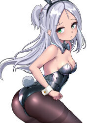 Rule 34 | 1girl, alternate costume, animal ears, ass, azur lane, backless leotard, bare shoulders, black bow, black bowtie, black leotard, blush, bow, bowtie, breasts, cleavage, dedorudy, detached collar, from side, green eyes, highres, leotard, long hair, looking at viewer, looking back, pantyhose, parted lips, playboy bunny, rabbit ears, rabbit tail, sims (azur lane), small breasts, solo, strapless, strapless leotard, tail, thighs, very long hair, white hair, wrist cuffs