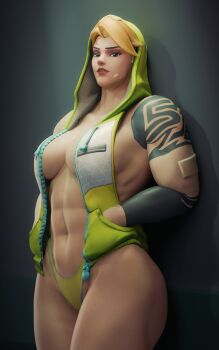 1girl abs absurdres arm_tattoo bandage_on_face bandages blonde_hair breasts cowboy_shot fugtrup hand_in_pocket highres hood hoodie jacket large_breasts leaning_back mole muscular muscular_female navel open_clothes open_hoodie open_jacket overwatch scar scar_across_eye scar_on_face short_hair shoulder_tattoo solo tattoo thick_thighs thighs zarya_(overwatch)