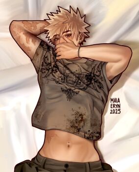 1boy arm_behind_head arms_up artist_name bakugou_katsuki blonde_hair boku_no_hero_academia commentary covering_own_mouth cowboy_shot dated ear_piercing earrings english_commentary from_above grey_pants grey_shirt hand_over_own_mouth highres jewelry lying maja_(maiaeryn) male_focus midriff multiple_scars navel on_back pants photo-referenced piercing print_shirt red_eyes scar scar_on_arm shirt short_hair short_sleeves solo spiked_hair