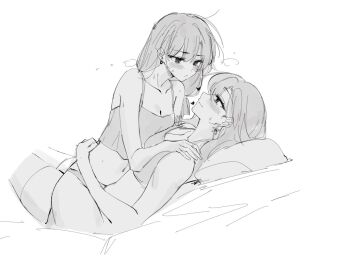 2girls blush breasts cleavage closed_mouth commentary earrings english_commentary eye_contact feint721 feint721_(person) genderswap genderswap_(mtf) girl_on_top jewelry long_hair looking_at_another medium_breasts multiple_girls navel no_pants original panties rin_(qiandaiyiyu) simple_background sketch smile stomach sweat tank_top underwear white_background yuri