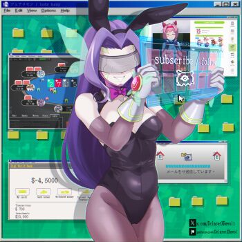 1girl agnes_tachyon_(umamusume) alternate_costume animal_ear_hairband animal_ears arm_warmers bare_shoulders black_leotard bow bowtie breasts butterfly_hair_ornament butterfly_wings character_request cho-hakkaimon cleavage collarbone commentary covered_eyes covered_navel cowboy_shot dclaret desktop_(computing) detached_collar digimon digimon_(creature) elbow_gloves facial_mark fairimon fake_animal_ears gloves gold_ship_(umamusume) grey_gloves grin hair_ornament hairband hands_up haru_urara_(umamusume) head-mounted_display highleg highleg_leotard highres icon_(computing) insect_wings kuramon ladydevimon lamiamon leotard long_hair looking_at_viewer medium_breasts microsoft_windows pantyhose parted_bangs pink_bow pink_bowtie playboy_bunny poker purple_arm_warmers purple_hair purple_hairband purple_pantyhose queenbeemon rabbit_ear_hairband rabbit_ears ranamon smile solo_focus standing strapless strapless_leotard teeth traditional_bowtie umamusume user_interface watermark web_address window_(computing) windows_classic wings