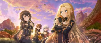 4girls :t alpha_(kage_no_jitsuryokusha_ni_naritakute!) alpha_(kage_no_jitsuryokusha_ni_naritakute!)_(cosplay) belt beta_(kage_no_jitsuryokusha_ni_naritakute!) beta_(kage_no_jitsuryokusha_ni_naritakute!)_(cosplay) bird black_belt black_bodysuit blonde_hair blue_eyes bodysuit bow braid braided_sidelock breasts brown_hair burger chewing cleavage cleavage_cutout closed_eyes closed_mouth clothing_cutout cloud cloudy_sky cosplay crossover crown_braid crumbs eating elf food food_on_face furrowed_brow game_cg gold_trim grey_hair hair_behind_ear hair_between_eyes hair_bow hair_over_shoulder hands_up highres holding holding_burger holding_food kage_no_jitsuryokusha_ni_naritakute! kono_subarashii_sekai_ni_shukufuku_wo! konosuba!_fantastic_days large_breasts light_blush long_hair long_sidelocks looking_at_another looking_at_food low_twintails matching_outfits medium_hair megumin mole mole_under_eye multiple_belts multiple_girls official_alternate_costume official_art open_mouth outdoors own_hands_together parted_bangs pointy_ears red_bow red_eyes seiza shade short_hair short_hair_with_long_locks sidelocks sitting sky small_breasts smile sunlight sunset thigh_belt thigh_strap twintails very_long_hair wariza yunyun_(konosuba)