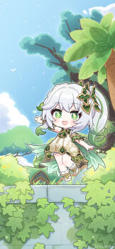 1girl :d arm_up bare_shoulders blue_sky blush brick_wall cape chibi chibi_only commentary day detached_sleeves dress full_body genshin_impact gradient_hair green_cape green_eyes green_hair green_sleeves hair_between_eyes hair_ornament highres jiu_fanglianhua leaf_hair_ornament long_hair multicolored_hair nahida_(genshin_impact) open_mouth outdoors pointy_ears side_ponytail simple_bird sky sleeveless sleeveless_dress smile solo star-shaped_pupils star_(symbol) stirrup_legwear symbol-shaped_pupils toeless_legwear tree white_dress white_hair