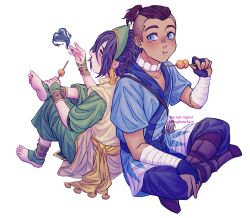 Rule 34 | 1boy, 1girl, absurdres, avatar: the last airbender, avatar legends, barefoot, blue eyes, blush, byghostface, eating, hair between eyes, hair bun, heart, high ponytail, highres, jewelry, leaning on person, sitting, slit pupils, sokka, toph bei fong, vertical pupils