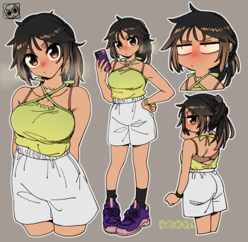 1girl artist_name bare_shoulders black_socks bra breasts brown_bra brown_eyes brown_hair camisole cellphone closed_mouth commentary_request cowboy_shot dot_mouth earrings ergot from_behind full_body green_camisole jewelry looking_at_viewer medium_breasts medium_hair messy_hair multiple_views original phone portrait purple_shoes shoes shorts smartphone sneakers socks tina_(ergot) underwear white_shorts