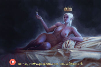 Rule 34 | 1girl, anato finnstark, arm support, baldur's gate, baldur's gate 3, bed sheet, breasts, colored skin, completely nude, crown, dungeons & dragons, dungeons &amp; dragons, floating crown, large breasts, lying, minthara, nude, on side, pointy ears, purple skin, realistic, solo, vial, white hair