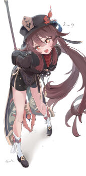 Rule 34 | 1girl, absurdres, arms behind back, artist name, black coat, black hat, black shoes, black shorts, brown hair, coat, commentary request, flower-shaped pupils, genshin impact, hat, highres, holding, holding polearm, holding weapon, hooriyuu, hu tao (genshin impact), leaning forward, long hair, looking at viewer, open mouth, polearm, red eyes, shoes, short shorts, shorts, simple background, smile, socks, solo, staff of homa (genshin impact), standing, symbol-shaped pupils, tailcoat, very long hair, weapon, white background, white socks