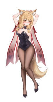 1girl absurdres animal_ears arknights arknights:_endfield armpits arms_up black_leotard black_pantyhose blonde_hair breasts commentary highres leotard looking_at_viewer medium_breasts pantyhose pingpangpongpang playboy_bunny rossi_(arknights) simple_background solo strapless strapless_leotard tail untranslatable_commentary white_background wolf_ears wolf_girl wolf_tail yellow_eyes