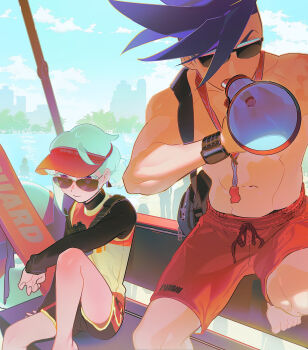 2boys aqua_hair arm_rest bag barefoot black_shirt black_shorts blue_hair closed_mouth colored_eyelashes day earrings expressionless ferris_wheel galo_thymos gapamopa hair_bun highres jewelry lio_fotia long_sleeves mohawk multiple_boys muscular muscular_male promare purple_eyes red_shorts shirt short_hair short_shorts shorts shoulder_bag single_hair_bun sitting sky speaker sunglasses topless_male vest visor_cap watch whistle whistle_around_neck wristwatch