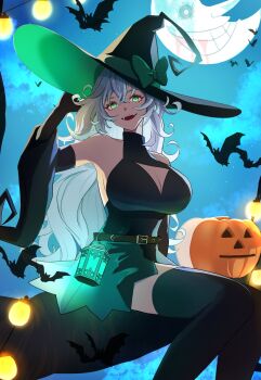 1girl aqua_eyes atae_at black_dress black_gloves black_hat black_sleeves black_thighhighs breasts cleavage clenched_teeth detached_sleeves dress elbow_gloves full_moon gloves hat highres indie_virtual_youtuber lamp large_breasts long_hair looking_at_viewer moon open_mouth sitting_on_branch sleeveless sleeveless_dress smile solo teeth thighhighs very_long_hair virtual_youtuber witch_hat zentreya zentreya_(witch)