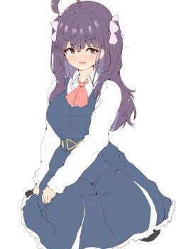 Rule 34 | 1girl, :d, black pantyhose, blush, breasts, chofu noriko, collared shirt, commentary request, dress, flat color, highres, ikizulive! love live! bluebird, large breasts, long sleeves, looking at viewer, love live!, neckerchief, no shoes, open mouth, orange eyes, pantyhose, pink neckerchief, purple hair, shinonon (iso shino), shirt, simple background, smile, solo, taut clothes, taut dress, thick eyebrows, unfinished, white background, white shirt