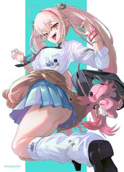 1girl ahoge alternate_costume ass bag blush breasts clothes_around_waist fang fingernails from_below goddess_of_victory:_nikke hairband inugressive jackal_(class_troublemaker)_(nikke) jackal_(nikke) jacket jacket_around_waist long_fingernails long_hair official_alternate_costume open_mouth pink_hair red_eyes school_uniform shirt skirt smile socks solo tongue tongue_out twintails very_long_hair