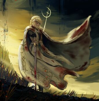 Rule 34 | 1girl, armor, blonde hair, blood, blood on clothes, blood on face, blood splatter, bloody weapon, braid, cloak, closed mouth, elden ring, elden ring: shadow of the erdtree, highres, holding, holding sword, holding weapon, knight, long hair, looking at viewer, needle knight leda, ornate, ornate armor, planted, planted sword, planted weapon, sakku art, shaded face, solo, sword, weapon, white cloak