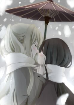 2girls black_hair blonde_hair blush closed_eyes couple enpera imminent_kiss jacket kirishima_shizuku long_hair looking_at_another multiple_girls oeshura oil-paper_umbrella outdoors ponytail red_eyes scarf shitogi_eris simple_background snow snowing sono_hanabira_ni_kuchizuke_wo umbrella white_scarf yuri