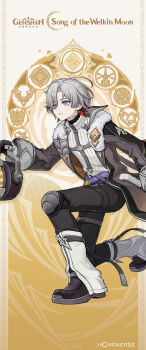 1boy belt black_gloves black_pants black_shoes commentary english_commentary fur-trimmed_jacket fur_trim gaiters genshin_impact gloves grey_belt grey_hair grey_jacket highres holding illuga_(genshin_impact) jacket knee_pads long_sleeves male_focus mole mole_under_eye official_art on_one_knee open_clothes open_jacket pants parted_lips shoes short_hair solo sweater turtleneck turtleneck_sweater white_sweater