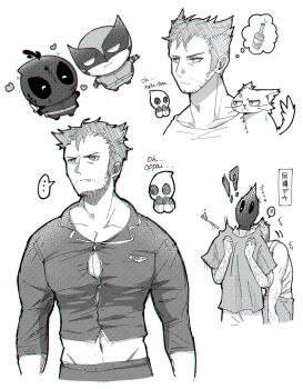 !? ... 2boys animalization animification beard bleeding blood bottle cat chest_hair chibi claw_(weapon) closed_mouth commentary_request couple cuts deadpool deadpool_&amp;_wolverine deadpool_(series) doghooouse facial_hair highres injury large_pectorals looking_to_the_side male_focus marvel marvel mask monochrome multiple_boys muscular muscular_male navel pajamas pectorals scar scars_all_over shirt short_hair short_sleeves sleeping sleeping_on_person speech_bubble spoken_ellipsis thought_bubble too_many translation_request undersized_clothes weapon wolverine_(x-men) x-men yaoi zzz