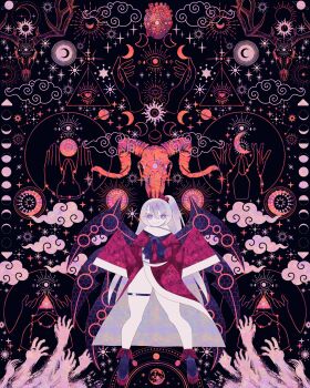 1girl absurdres animal_skull bare_legs black_shoes boku_(isizakitakasi) bright_pupils cloud crescent_moon grey_eyes grey_hair highres horns long_hair moon moon_phases one_side_up planetary_ring red_robe robe sheep_horns shinki_(touhou) shoes skindentation skull sleeves_past_fingers sleeves_past_wrists smile solo standing touhou very_long_hair white_pupils wide_shot wide_sleeves
