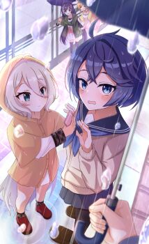 Rule 34 | 4girls, antenna hair, black pantyhose, black thighhighs, blue eyes, blue hair, blue neckerchief, blue serafuku, blue skirt, blush, breasts, brown footwear, cat hair ornament, closed eyes, clothes writing, dress, embarrassed, green eyes, green jacket, hair ornament, handkerchief, highres, holding, holding handkerchief, holding umbrella, jacket, karyl (princess connect!), karyl (real) (princess connect!), kokkoro (princess connect!), kokkoro (real) (princess connect!), loafers, long hair, long sleeves, looking at viewer, looking up, low twintails, multicolored hair, multiple girls, neckerchief, open clothes, open jacket, orange hair, outdoors, pantyhose, pecorine (princess connect!), pecorine (real) (princess connect!), princess connect!, rain, raincoat, red footwear, school uniform, serafuku, sheffy (princess connect!), sheffy (real) (princess connect!), shoes, short hair, skirt, small breasts, streaked hair, tetorariumu, thighhighs, twintails, umbrella, wavy mouth, white dress, white hair, white streaks, yellow raincoat