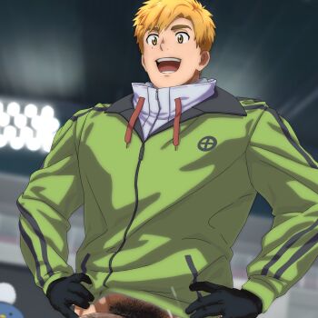 Rule 34 | 1boy, akeuraji tsukasa, bara, black gloves, blonde hair, commentary request, cropped, fumio (snnmfmw), gloves, green jacket, highres, jacket, male focus, male pubic hair, medalist (manga), mole, mole under eye, open mouth, paid reward available, penis out of frame, pubic hair, short hair, solo, yellow eyes