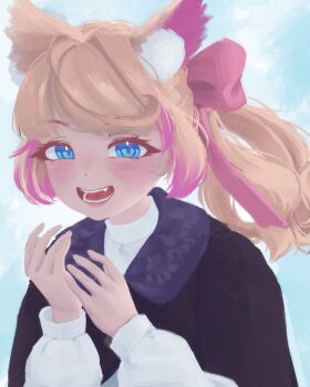 1girl animal_ear_fluff animal_ears black_coat blonde_hair blue_background blue_eyes blush bow coat commentary dog_ears dog_girl english_commentary fang hair_bow hands_up highres hololive hololive_english lapwing_face_tracking_redraws lips long_hair long_sleeves looking_at_viewer mococo_abyssgard multicolored_hair neilwa_dayo open_clothes pink_bow pink_hair pink_streaks ponytail portrait smile solo streaked_hair sweater swept_bangs two-tone_hair virtual_youtuber white_sweater