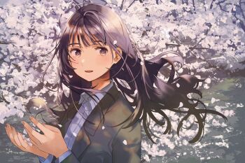 Rule 34 | 1girl, black eyes, black hair, black jacket, collared shirt, commentary request, dress shirt, falling petals, floating hair, fly (marguerite), grey shirt, hands up, highres, jacket, long hair, long sleeves, open mouth, original, petals, shirt, solo, teeth, upper teeth only