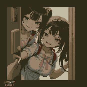 2girls arm_scrunchie artist_name bag black_hair blue_eyes blunt_bangs bow breasts collarbone doorway double-parted_bangs frilled_shirt frilled_shirt_collar frills furrowed_brow highres impossible_clothes impossible_shirt long_hair medium_breasts multiple_girls no_nose open_mouth opening_door original out_of_frame pink_bow pink_eyes pixel_art ponytail pov_doorway puffy_short_sleeves puffy_sleeves school_bag scrunchie shirt short_sleeves sidelocks smile specialhanako teeth white_scrunchie white_shirt