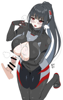 1boy 1girl absurdres black_hair blue_archive bodysuit breasts censored cleavage commentary_request cum cum_on_body cum_on_breasts cum_on_upper_body erection headgear hetero highres large_breasts long_hair morimoto_kiyona no_halo penis ponytail red_eyes rio_(armed)_(blue_archive) rio_(blue_archive) simple_background testicles white_background