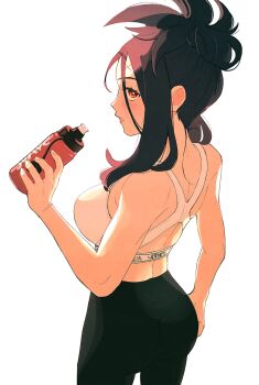 1girl bare_arms black_hair black_pants blush bottle bright_pupils brown_eyes commentary_request cross_scar dendra_(pokemon) eyelashes hand_up highres holding holding_bottle looking_to_the_side nintendo osg_pk pants parted_lips pokemon pokemon_sv scar scar_on_face scar_on_forehead sidelocks simple_background solo sports_bra water_bottle white_background white_pupils