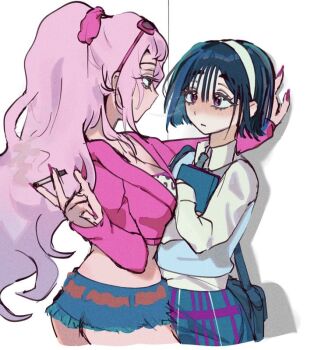 2girls alien_stage animal_print black_hair blue_skirt blue_vest blush bob_cut cigarette collared_shirt commentary cropped_hoodie denim denim_shorts english_commentary hairband high_ponytail holding holding_cigarette holding_notebook hood hoodie kabedon leopard_print long_hair long_sleeves mizi_(alien_stage) multiple_girls notebook official_alternate_costume pink_hair pink_hoodie pink_nails ponytail shirt short_hair short_shorts shorts skirt smoke sua_(alien_stage) very_long_hair vest white_hairband white_shirt wompompd yuri