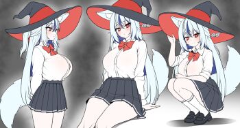 1girl absurdres animal_ear_fluff animal_ears arms_behind_back black_shoes black_skirt blue_hair blush bow bowtie breasts closed_mouth collared_shirt fox_ears fox_girl fox_tail hat highres kkam-sang large_breasts long_hair long_sleeves looking_at_viewer multicolored_hair multiple_views original pleated_skirt red_bow red_bowtie red_eyes shirt shirt_tucked_in shoes sitting skirt socks squatting streaked_hair tail white_hair white_shirt white_socks witch_hat