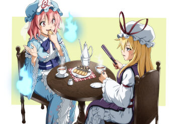 Rule 34 | 2girls, blonde hair, blue hat, blue kimono, blue necktie, blue sash, checkerboard cookie, commentary request, cookie, cup, dress, eating, folding fan, food, hand fan, hat, hat ribbon, hitodama, holding, holding cup, holding fan, inuno rakugaki, japanese clothes, kimono, long hair, long sleeves, mob cap, multiple girls, necktie, obi, open mouth, pink eyes, pink hair, purple eyes, purple tabard, red nails, red ribbon, ribbon, saigyouji yuyuko, sash, saucer, short hair, sitting, tabard, table, tea, teacup, touhou, triangular headpiece, wafer stick, white dress, wide sleeves, yakumo yukari