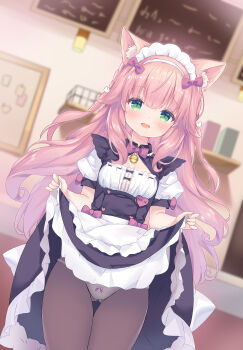 1girl absurdres animal_ear_fluff animal_ears apron bell black_pantyhose black_skirt blush bow bow_panties buttons cat_ears cat_girl character_name clothes_lift fraise_(nekopara) gluteal_fold gold_bell green_eyes hair_bow heart heart_button highres humooooo indoors jingle_bell lifting_own_clothes long_hair maid maid_apron maid_headdress name_tag neck_bell nekopara open_mouth panties panties_under_pantyhose pantyhose pink_bow pink_hair pink_ribbon ribbon shirt skirt skirt_lift slit_pupils smile solo thigh_gap thighs underwear waist_apron wavy_hair white_apron white_bow white_panties white_shirt