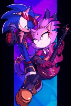 1boy 1girl animal_ears bass_guitar blaze_the_cat blaze_the_cat_(bassist) blue_fur cat_ears cat_girl cat_tail commission forehead_jewel furry furry_female furry_male gloves green_eyes highres holding holding_microphone instrument jacket microphone ponytail purple_fur smile smirk sonic_(series) sonic_the_hedgehog sonic_the_hedgehog_(rockstar) tail tinted_eyewear wildblur yellow_eyes